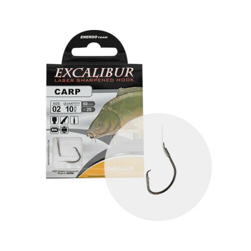 Excalibur D-Killer Előre kötött horgász horog, 2/0 méret, szakállas pontyozó horog - Előkötött horog
