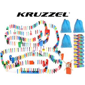 Set Kruzzel 1131 piese domino din lemn și circuit de bile cu accesorii și saci de depozitare - Puzzle pentru copii