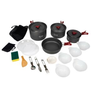 Acra C22 kemping edénykészlet 3-4 személyre, beleértve a fazekakat, serpenyőket, fedőket, tálakat, tányérokat és evőeszközöket - Acra