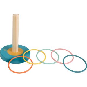 Klasszikus Retro fa karika dobó játék, 5 db színes karóval és 5 db karikával