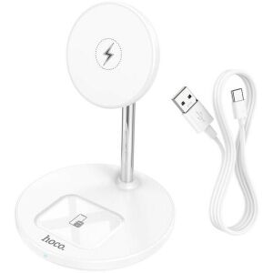 Hoco S23 2 az 1-ben vezeték nélküli töltő állvány 15W fehér, USB kábellel - Hoco