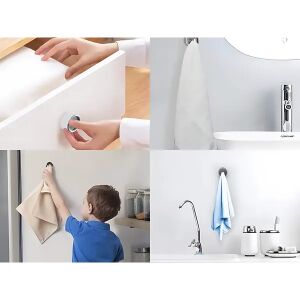 Koláž samolepiaceho držiaka na uteráky v rôznych použitiach: zásuvka, kúpeľňa, kuchyňa - Držiaky na uteráky