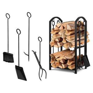Fekete acél tűzifa tartó állvány kiegészítőkkel: lapát, seprű, fogó és piszkavas. - Tűzifa állvány
