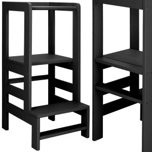 Fekete Montessori állítható fellépő torony, fekete festett fenyőfa - Gyerek konyhai fellépő