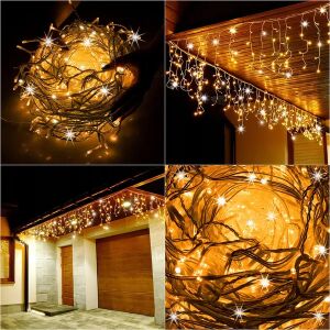 Kollázs LED jégcsap fényfüggönyről, közelkép és házra szerelve, karácsonyi dekoráció - Karácsony