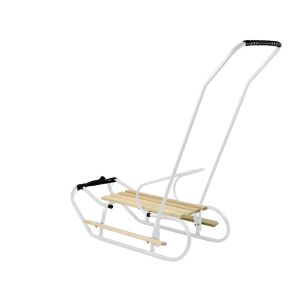 Fehér fém szánkó tolókarral és háttámlával