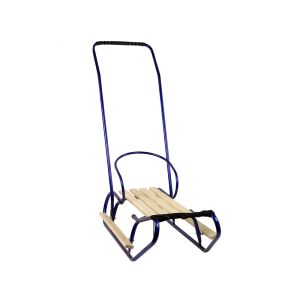 Kék fém szánkó tolókarral és háttámlával