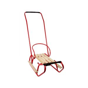 Piros fém szánkó tolókarral és háttámlával