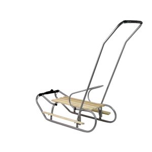 Ezüst színű fém szánkó tolókarral és háttámlával