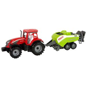 Červený rolnický traktor so zeleným trecím pohonom sejačky