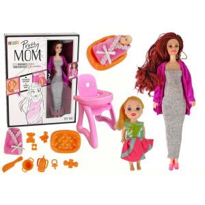 Комплект кукли Pretty Mom с бременна кукла, кукла бебе, малка кукла, столче за хранене и аксесоари - Баба и Къща за кукли