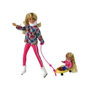 Anlily Winter Sport Puppen Set: Blonde Puppe Schlittschuhlaufen, zieht kleinere Puppe im Schlitten - Anlily