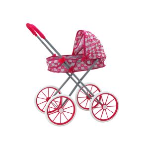 Rózsaszín Babakocsi Szív Mintával Nagy Kerekekkel és Összecsukható Tetővel