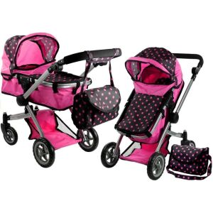 Alice 2-in-1 Puppenwagen und Buggy mit Tasche, Rosa und Schwarz gepunktet - Alice