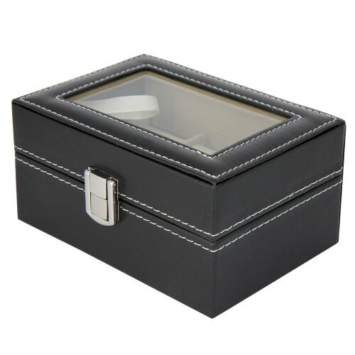 Óratartó doboz, 3 rekeszes, kívül fekete műbőr borítás, belűl krém színű textíl