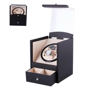 Óraforgató doboz, 2 db karórához, kívül fekete műbőr borítás, 2 db kihúzható tárolóval, belül krém színű textil 131270842 - Óraforgató & óratartó doboz