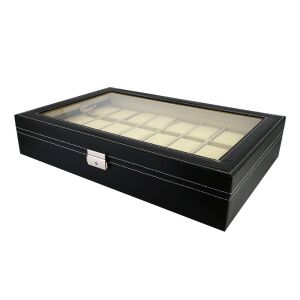Óratartó doboz, 24 rekeszes, kívül fekete műbőr borítás, belül krém színű textil 131270850 - Óraforgató & óratartó doboz
