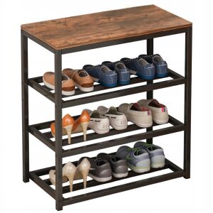 Schuhregal im Industriestil mit drei Regalböden und einer Holzplatte. - Schuhregale