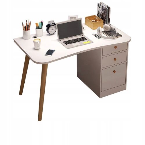 Weißer Computertisch mit Schubladen und Holzbeinen, ideal für das Homeoffice