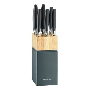 Set de cuțite Ambition Silvery, 7 piese, cu bloc de lemn gri - Tacâmuri