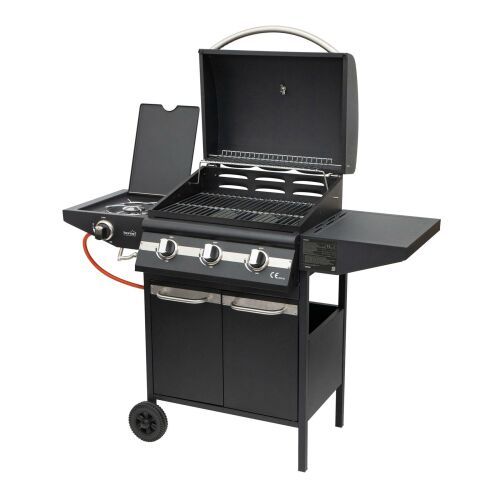 Gratar pe gaz Home GRG01 cu 3 arzatoare si arzator lateral, capac deschis