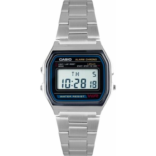 Casio A158 srebrny zegarek cyfrowy z bransoletą ze stali nierdzewnej, funkcjami alarmu i chronografu