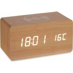 Cyfrowy drewniany budzik z ładowaniem bezprzewodowym, brązowy - Budzik