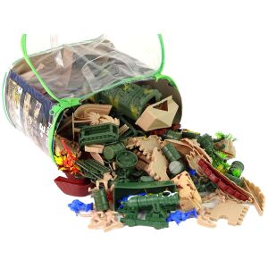 Lean Toys 200-teiliges Militärspielset mit Figuren, Waffen und Fahrzeugen, die aus einer Aufbewahrungstasche quellen. - Lean Toys