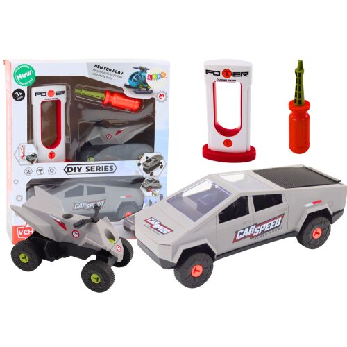 Set aus modernem Auto mit Quad zum Zerlegen zum Selbermachen, Grau 140145074