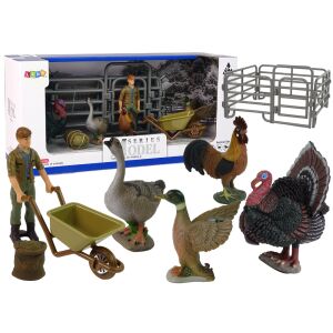 Veľká sada figúrok hospodárskych zvierat s farmárom a krmným vozíkom - 11 kusov - Lean Toys