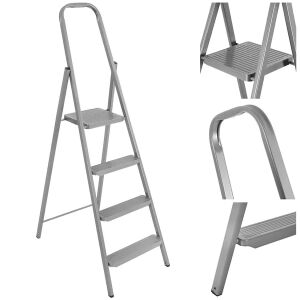 Foldable 4-step steel ladder with 150 kg capacity and detail views - Ladder and Step Stool