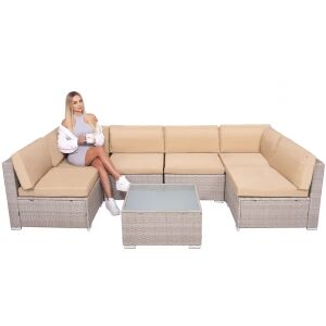 Casa Blanca 7 részes bézs technorattan kerti bútor garnitúra üveg asztallal - Springos