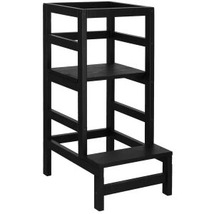 Fekete fenyő Montessori tanulótorony, állítható 3 szintes konyhai fellépő - Gyerek konyhai fellépő