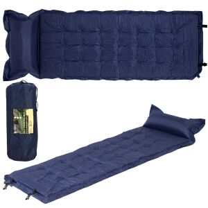 Dark blue self-inflating camping mat with pillow, 200x67x3.5 cm, packed and inflated view - Sport & Leisure