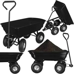 Колаж Kerti billenőkocsis kézikocsi, показващ функцията за накланяне и капацитета - Пощенска кутия, Градинска количка, Градинско барбекю, фурна, Градинска къща и Торове