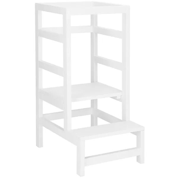 Fehér Montessori konyhai fellépőtorony, fenyőfa, állítható, 90 cm