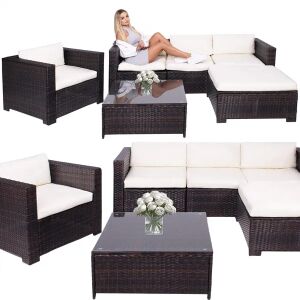 6 részes barna-krémszínű technorattan kerti bútor szett üveglapos asztallal - Springos