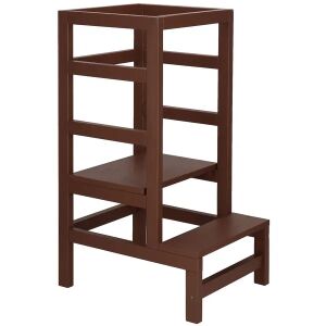 Angled view of brown wooden toddler kitchen step stool - Springos