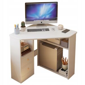 Moderner weißer Eck-Computertisch mit Regalen für das Homeoffice - Schreibwaren & Schreibmaterial