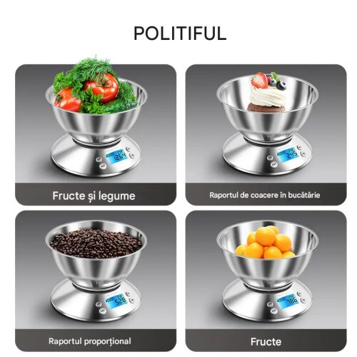 Cantar de bucătărie Arvada SmartWeigh XF-07 colaj care arată cântărirea diferitelor alimente