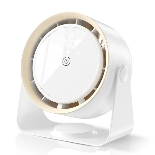 Hordozható irodai ventilátor, Zadabso®, digitális LED kijelző, újratölthető, 105°-os dőlésszög, falra szerelhető, USB Type C, 3600 mAh akkumulátor, kefe nélküli motor, ultra csendes, fehér színű.