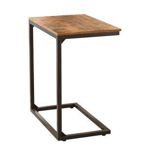 Stolik boczny w stylu industrialnym z brązowym drewnianym blatem i czarną metalową ramą na białym tle. - Meble do salonu
