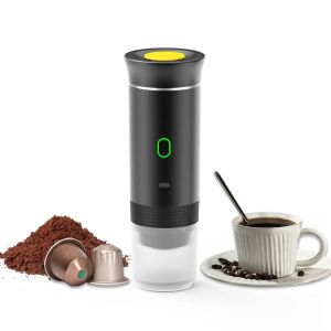 Prenosný espresso kávovar, kompatibilný s Nespresso, Dolce Gusto alebo mletou kávou, výkon 72 W, batéria 2500 mAh, nabíjanie cez USB, rozmery 78 x 78 x 245 mm, farba čierna ABYZ™