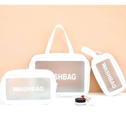 3 db-os utazásszervező készlet - Vízálló kozmetikai táskák, fehér, PVC+TPU, 30x21x11 cm / 26x16x9 cm / 22x13x7 cm