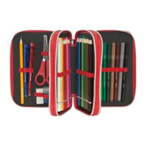 Otvorený červený peračník One Piece s ceruzkou, perom, nožnicami, strúhadlom, gumou, farebnými ceruzkami a fixkami - Peračníky