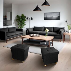 FizioTab Fekete Összehajtható ülőkés lábtartó puff fa lábakkal nappali környezetben - Lábtartó, puff