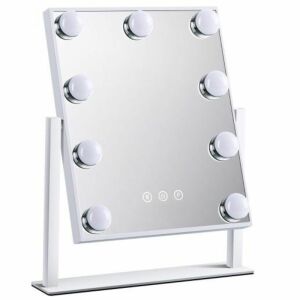 Oglinda hollywood machiaj cu suport, Vanity, cu Smart Touch, 9 LED-uri luminoase, modul 3 culori, intensificator lumina, alba, 28.7 x 23.8 cm