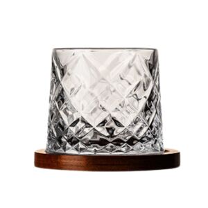 Pahar,  pentru whiskey, model diamant, cu baza din lemn, transparent, din sticla, 11 x 9.2 x 8 cm, ergonomic si usor de manevrat