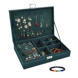 Set Cutie bijuterii, Verde, Superba, cu cheita, compartimentata, eleganta, material catifelat, design rafinat, portabila, accesoriu inclus Bratara energetica aromaterapie, 7 Chakre, roca v