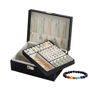 Set Cutie de bijuterii, 2 etaje, neagra, Amore, cu cheita, compartimente detasabile, design rafinat, 23x17.5x9cm, accesoriu inclus Bratara energetica aromaterapie, 7 Chakre, roca vulcanica